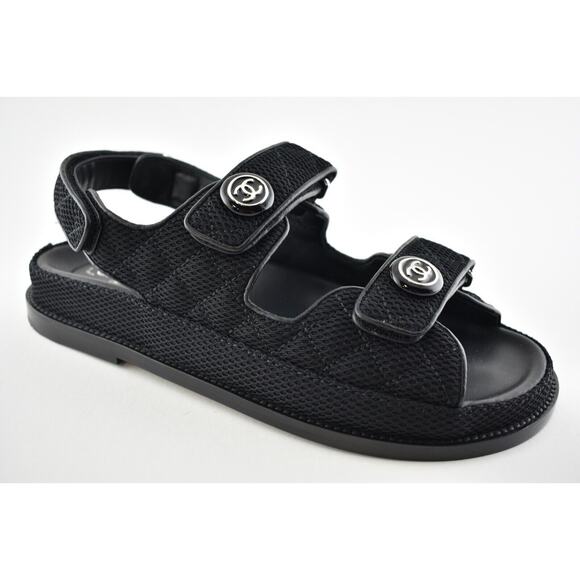 Chanel 21C Black Fabric Silver Logo Mule Slide Strap Flat Teva Dad Sandal 40.5 - Picture 4 of 11